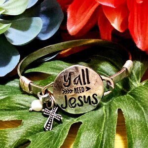 Bangle Bracelet. Y'all Need Jesus. Burnished Silver. NWT.